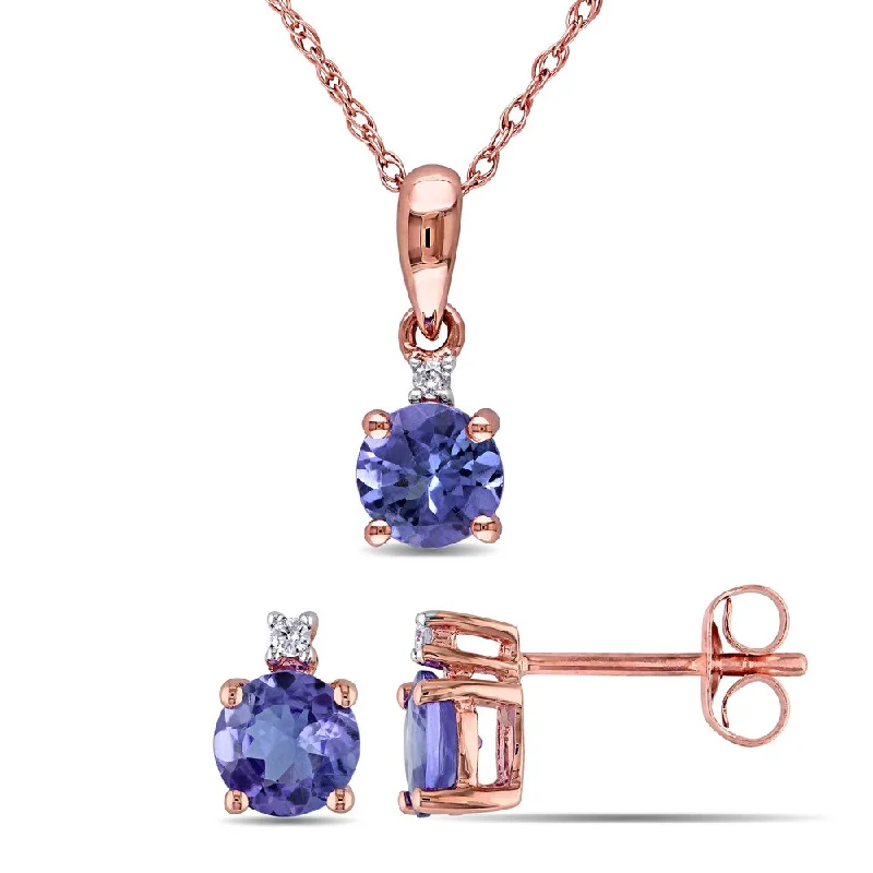 rose gold hoop earrings -Miadora 10k Rose Gold Tanzanite and Diamond Accent 2-piece Solitaire Necklace and Stud Earrings Set - Blue