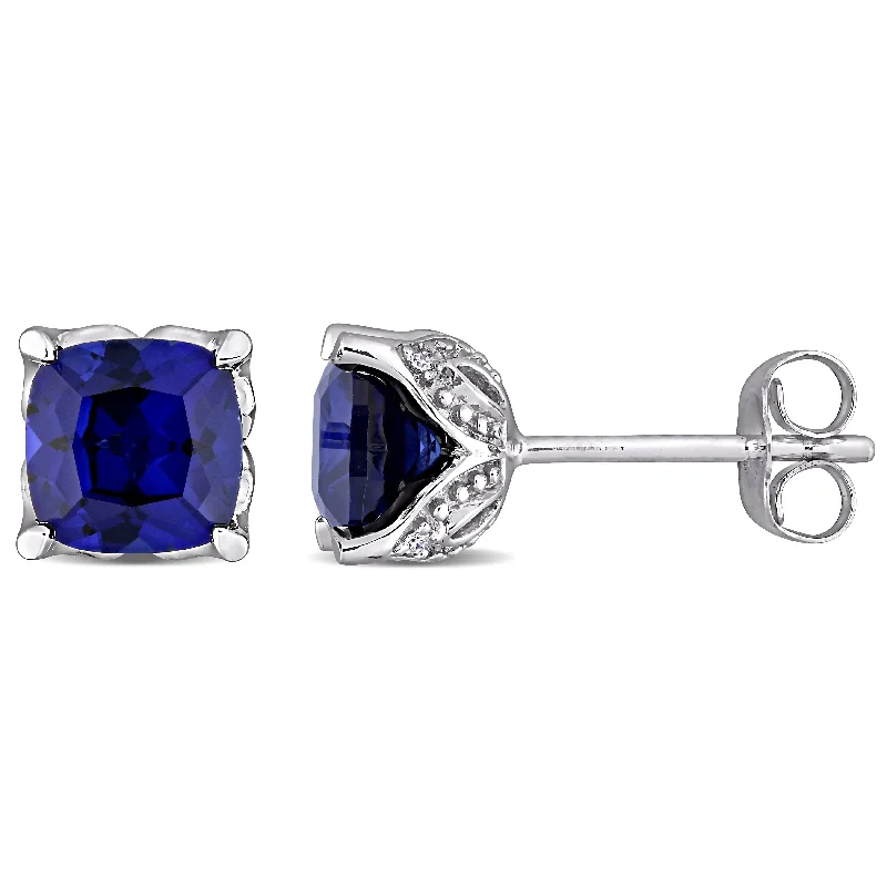 sapphire stud earrings -Miadora 10k White Gold Cushion Created Blue Sapphire & Diamond Accent Solitaire Stud Earrings - 6.6mm x 6.6mm x 5.7mm