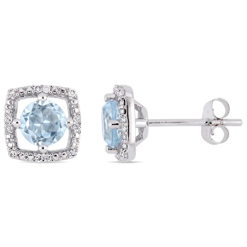 moonstone stud earrings -Miadora 10k White Gold Sky-Blue Topaz and Diamond Accent Floating Square Halo Stud Earrings