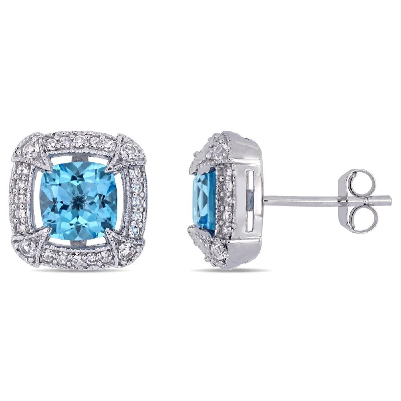 sterling silver drop earrings -Miadora 10k White Gold Swiss-Blue Topaz White Sapphire and 1/5ct TDW Diamond Stud Earrings