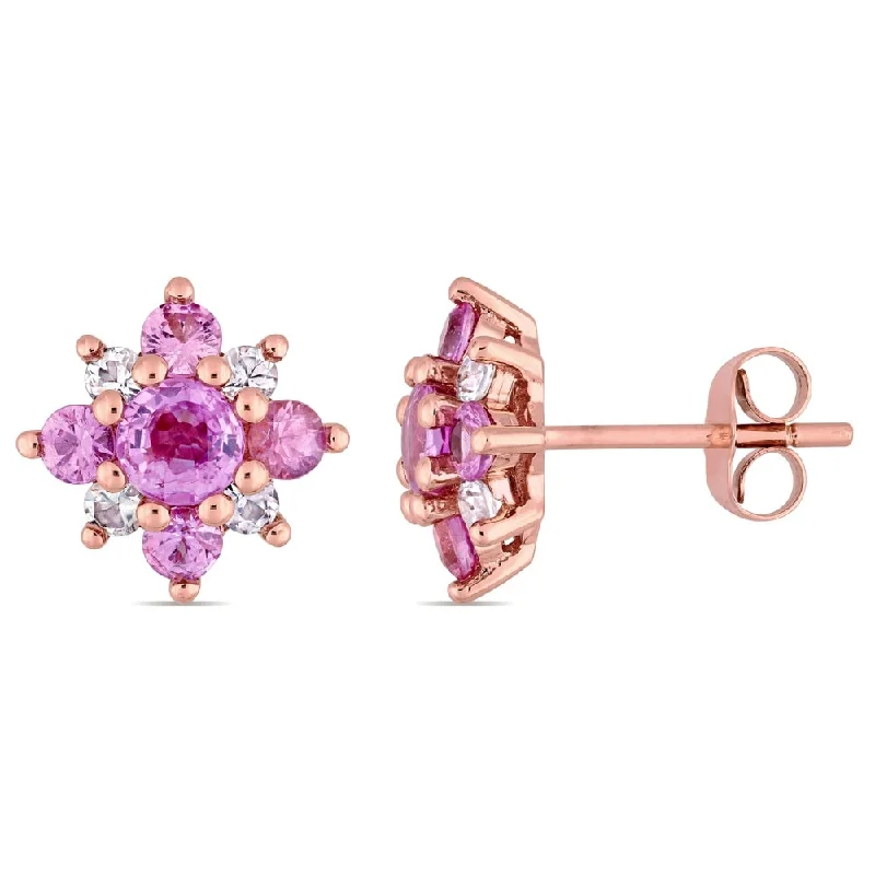 trendy ear climbers -Miadora 14k Rose Gold Pink and White Sapphire Flower Stud Earrings