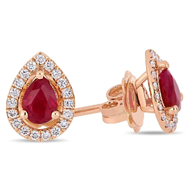 luxury pearl drop earrings -Miadora 14k Rose Gold Ruby and 1/5ct TDW Diamond Teardrop Halo Stud Earrings