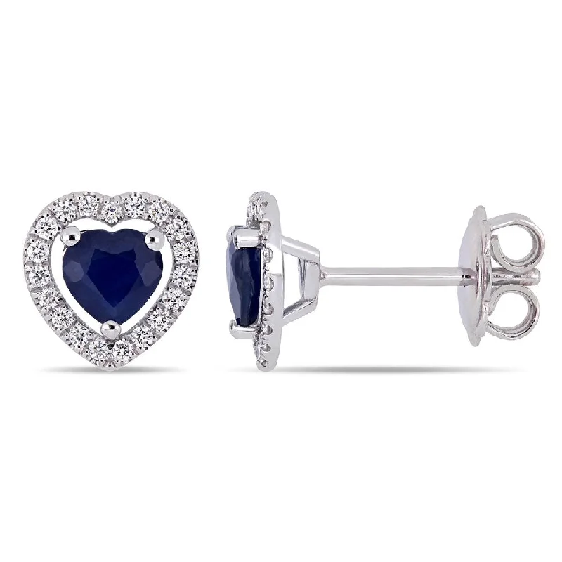 stacked gold bar earrings -Miadora 14k White Gold Blue Sapphire 1/5ct TDW Diamond Heart Halo Stud Earrings