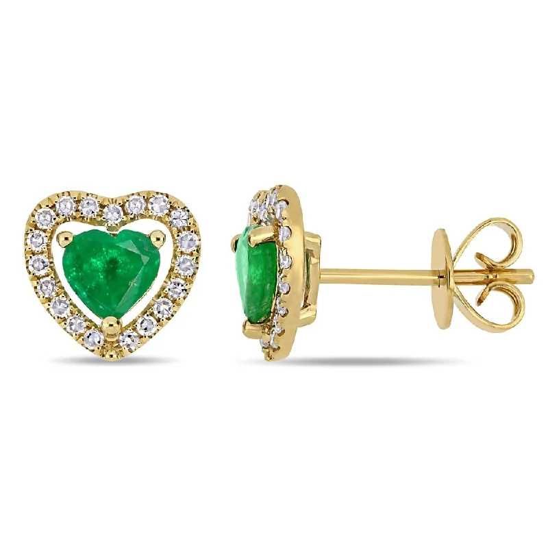 geometric triangle earrings -Miadora 14k Yellow Gold Emerald and 1/5ct TDW Diamond Heart Halo Stud Earrings