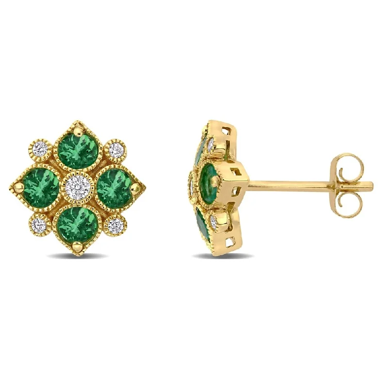 art deco diamond earrings -Miadora 14k Yellow Gold Emerald and 1/8ct TDW Diamond Floral Geometric Cluster Stud Earrings