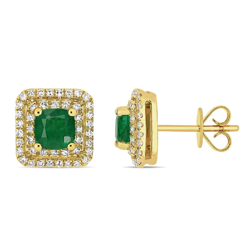 pearl dangling earrings -Miadora 14k Yellow Gold Emerald and 2/5ct TDW Diamond Double Halo Square Stud Earrings