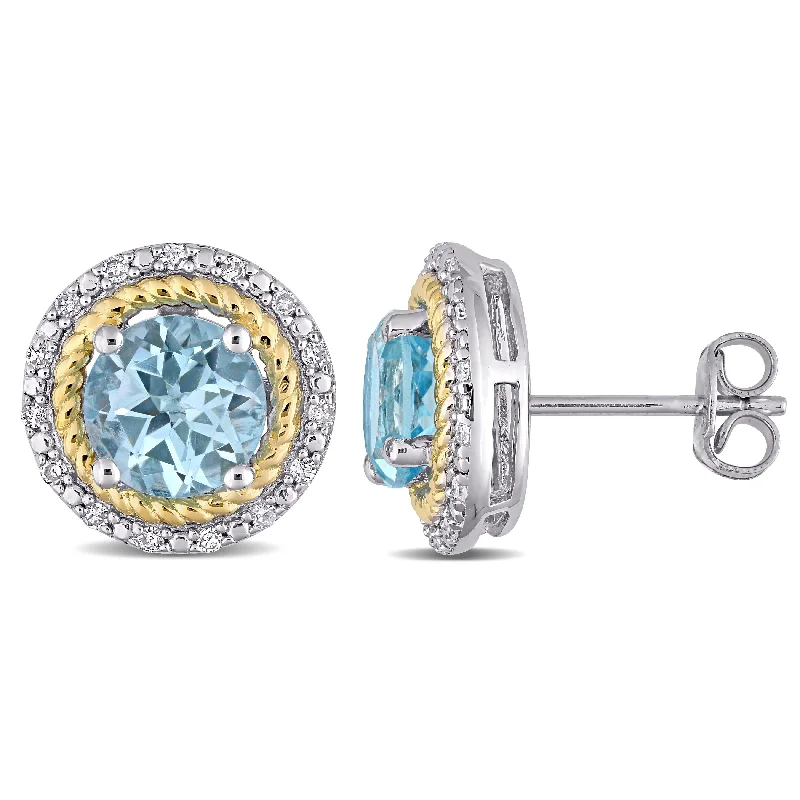 gemstone stud earrings -Miadora 2-tone White & Yellow Sterling Silver Blue Topaz & 1/6ct TDW Diamond Halo Stud Earrings