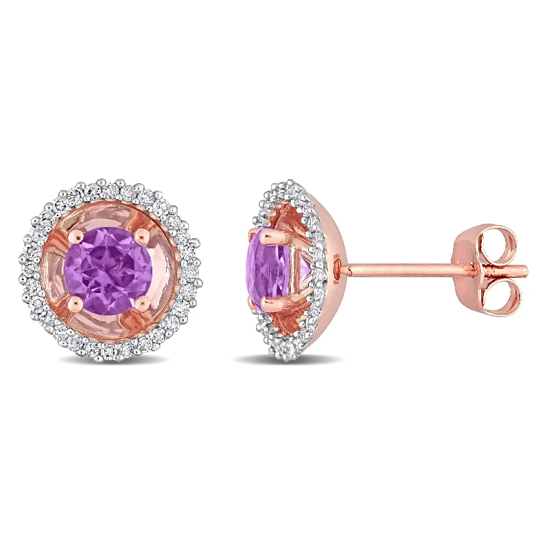 oxidized silver earrings -Miadora Amethyst and 1/4ct TDW Diamond Halo Stud Earrings in 10k Rose Gold