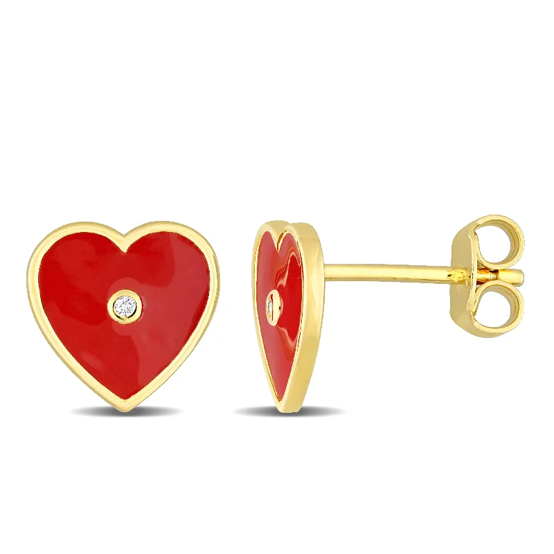 oversized statement earrings -Miadora Created White Sapphire Heart Enamel Stud Earrings in Yellow Plated Sterling Silver