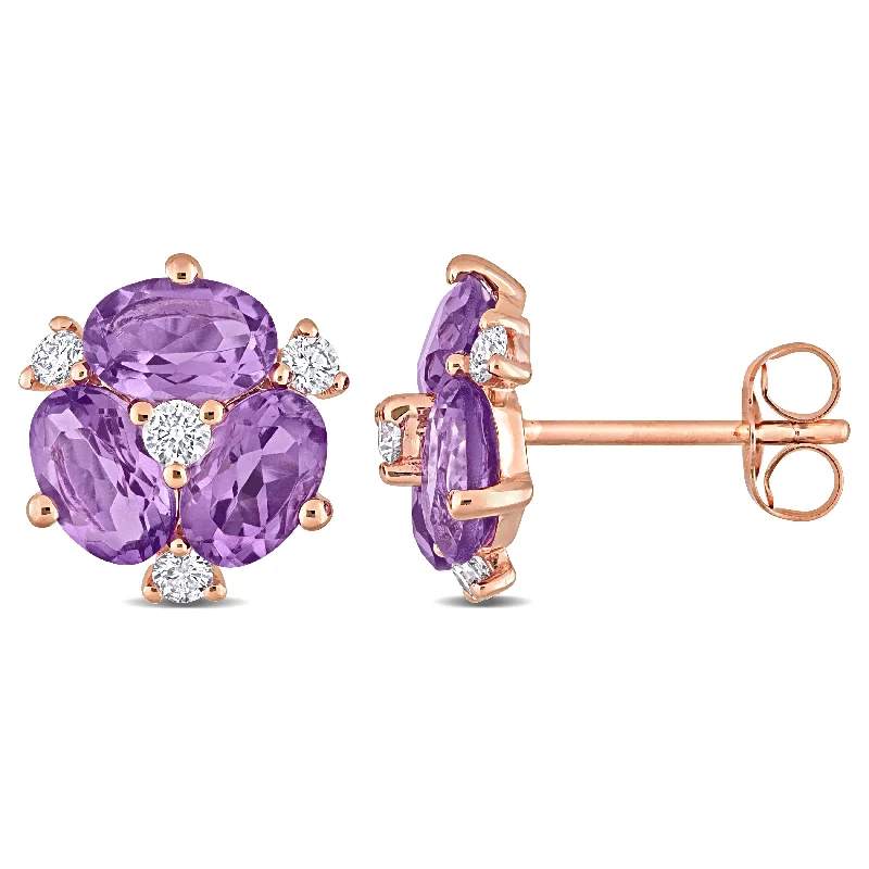 gemstone stud earrings -Miadora Oval-cut African-Amethyst and 1/5ct TDW Diamond Floral Stud Earrings 14k Rose Gold