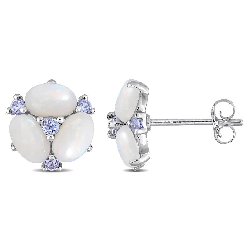 diamond ear cuffs -Miadora Oval-cut Opal and 1/5ct TDW Diamond Floral Stud Earrings 14k White Gold