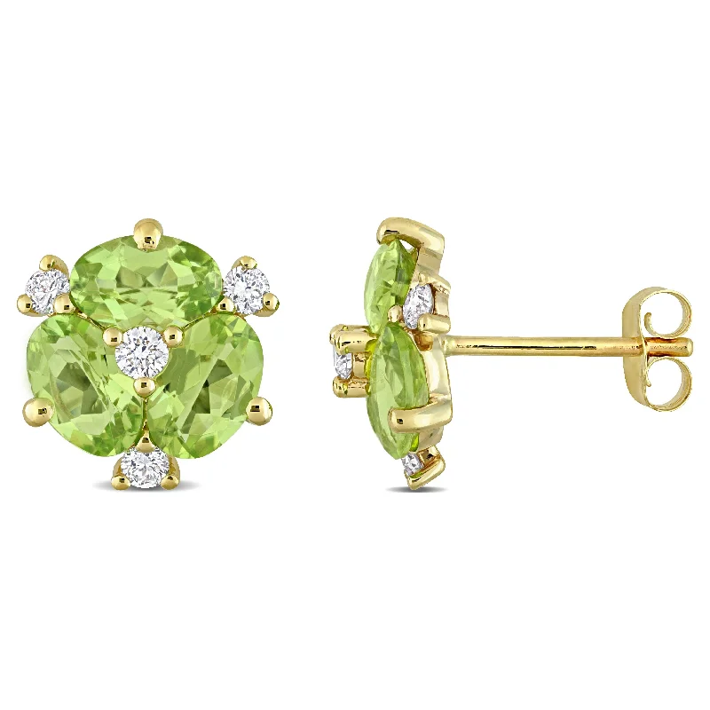 long chain drop earrings -Miadora Oval-cut Peridot and 1/5ct TDW Diamond Floral Stud Earrings 14k Yellow Gold