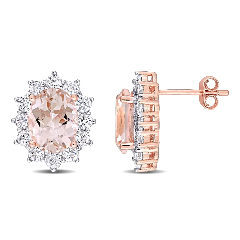 square stud earrings -Miadora Rose Plated Sterling Silver Simulated Morganite & Cubic Zirconia Halo Floral Stud Earrings - 11.8mm x 5.4mm