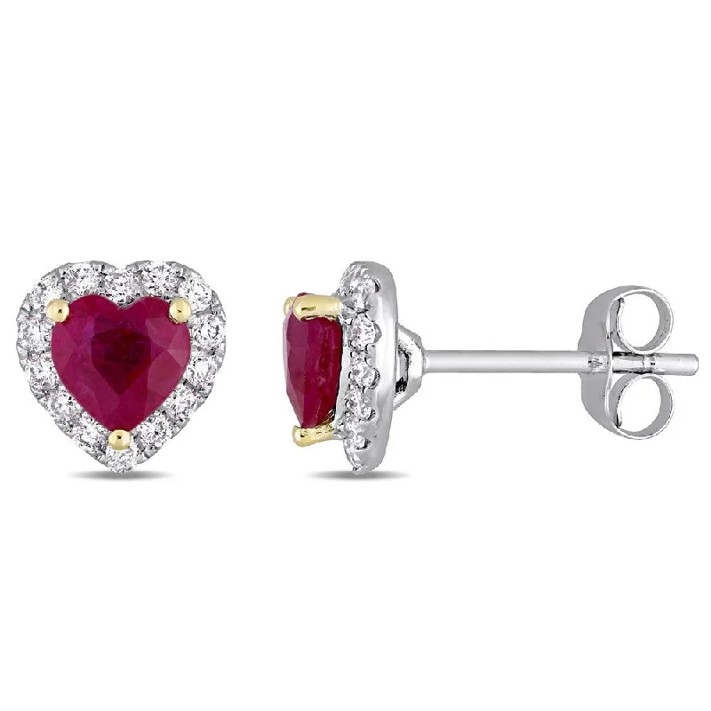 cubic zirconia dangle earrings -Miadora Signature Collection 14k White Gold with Yellow Gold Prongs Heart-Cut Ruby 1/3ct TDW Diamond Halo Stud Earrings - Red