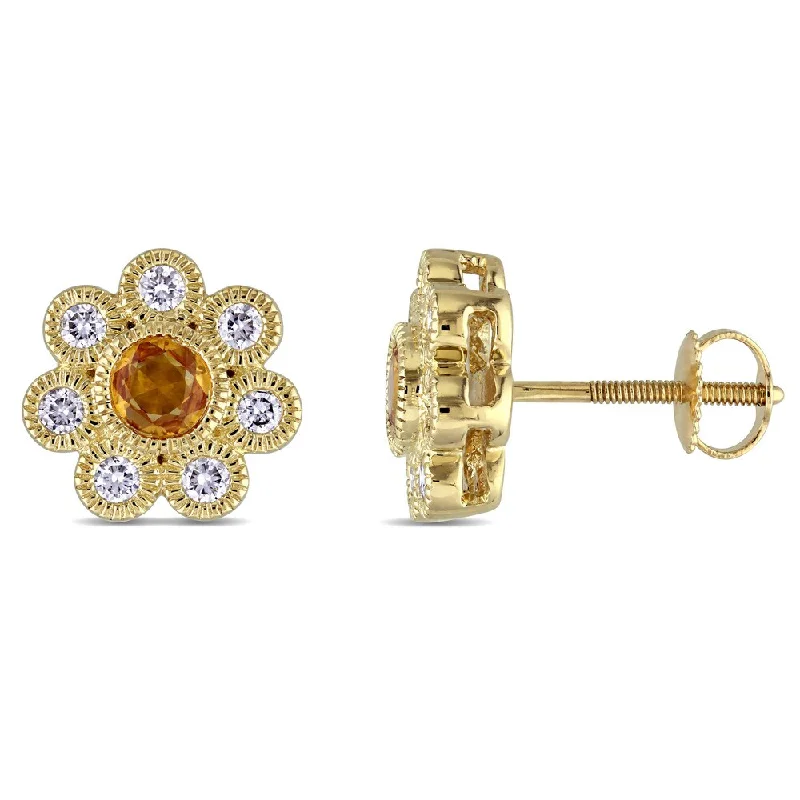 gold bar stud earrings -Miadora Signature Collection 14k Yellow Gold Yellow Sapphire and 3/8ct Diamond Flower Stud Earrings (G-H, SI1-SI2)