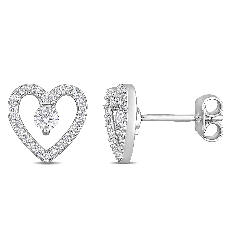 minimalist hoop earrings -Miadora White Topaz and 1/5ct TDW Diamond Heart Stud Earrings in Sterling Silver