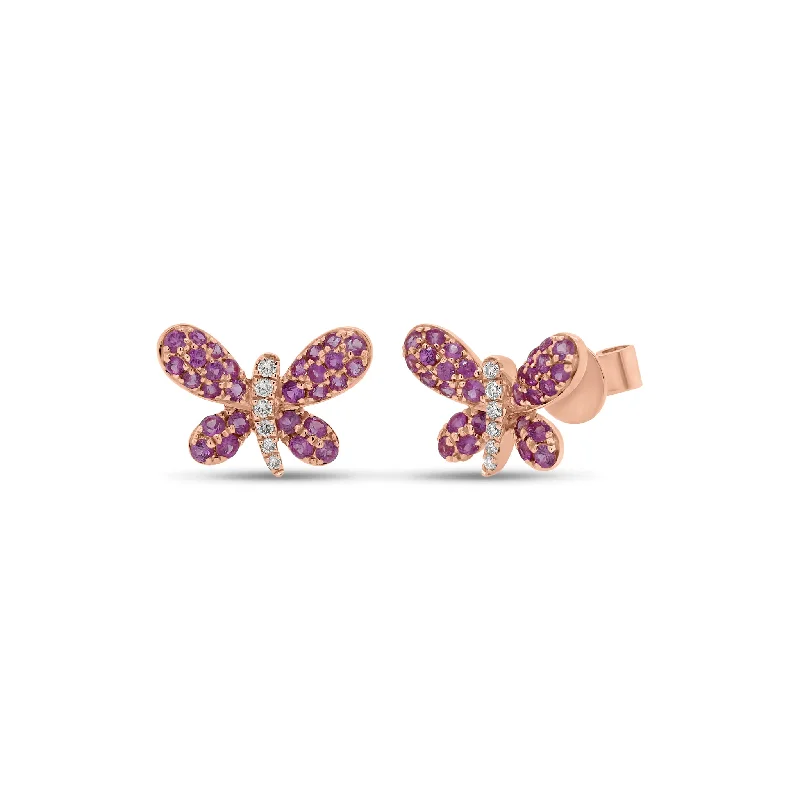 long chain drop earrings -Pink Sapphire & Diamond Butterfly Stud Earrings