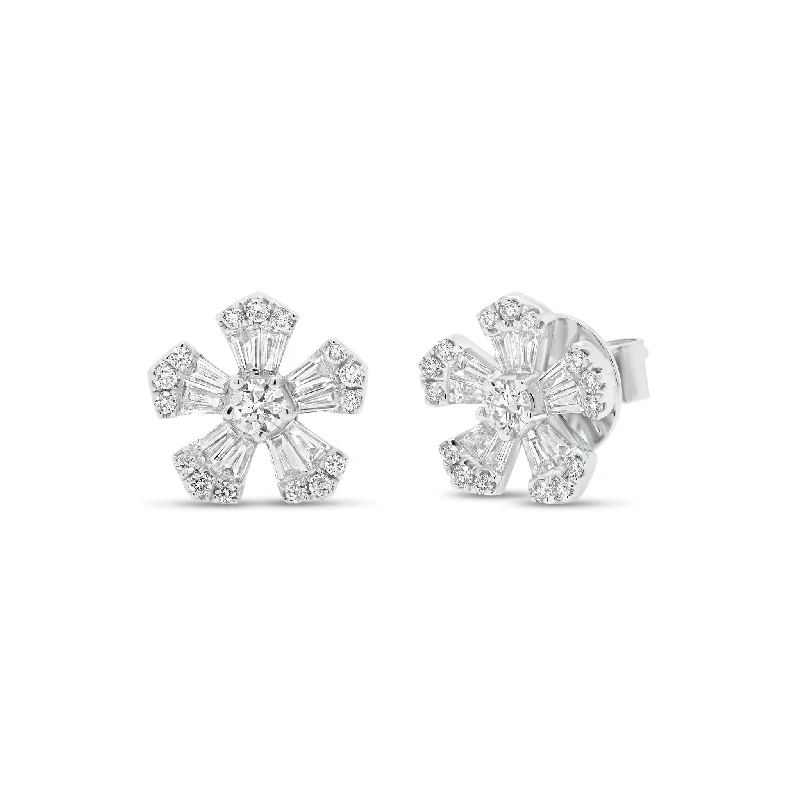 custom name earrings -Round & Baguette Diamond Large Flower Stud Earrings