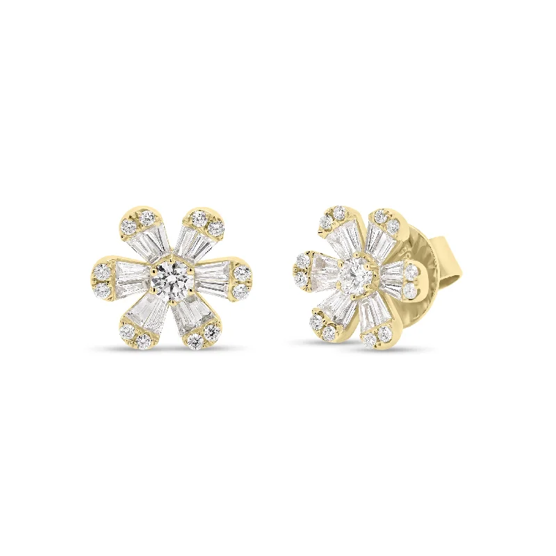 abstract design earrings -Round & Baguette Diamond Medium Flower Stud Earrings