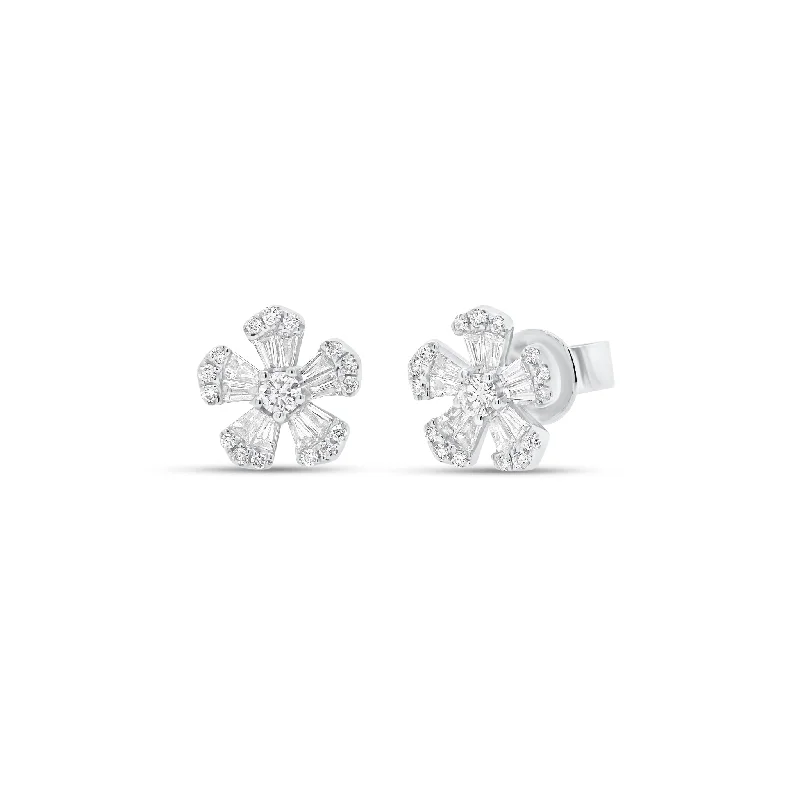 butterfly-shaped earrings -Round & Baguette Diamond Mini Flower Stud Earrings