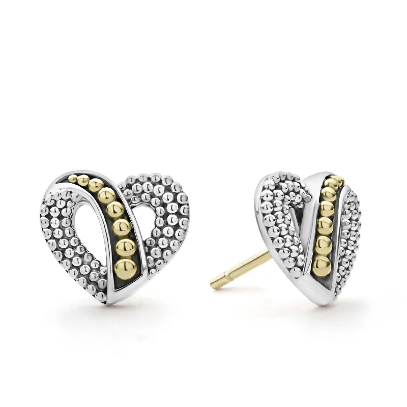 luxury diamond hoop earrings -Signature Caviar Two-Tone Beaded Heart Stud Earrings