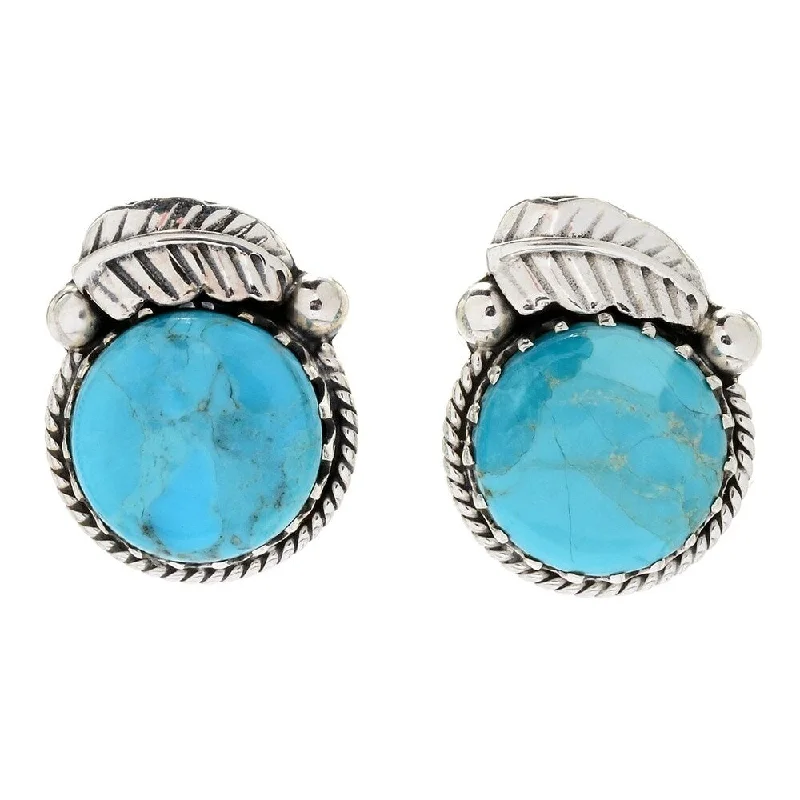 asymmetrical hoop earrings -Sterling Silver 15mm Round Mohave Turquoise Leaf Stud Earrings