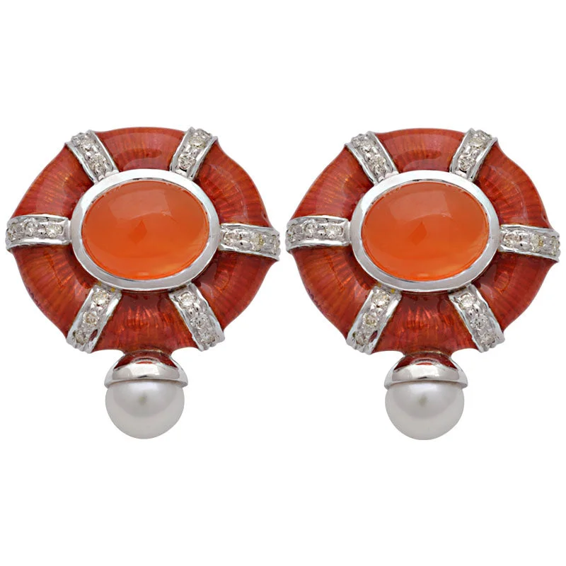 bohemian style earrings -Earrings- Cornelian, F.w. Pearl And Diamond (enamel) (183CS)