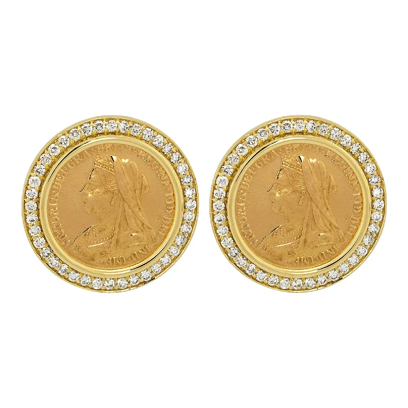 gold stud earrings for men -Earrings - Gold Coin And Diamond (2340B)