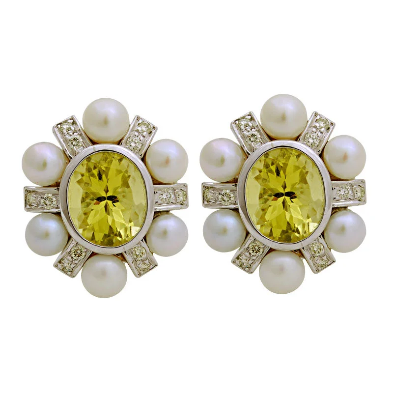 geometric shape earrings -Earrings- Lemon Quartz, F.w. Pearl And Diamond (118ES)