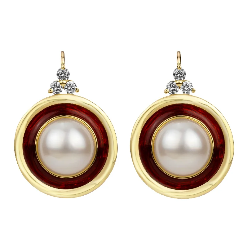 geometric triangle earrings -Earrings - South Sea Pearl And Diamond (enamel) (2358D)