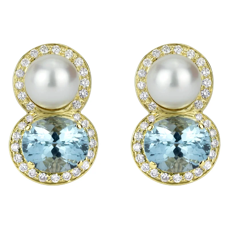 floral design stud earrings -Earrings - South Sea Pearl, Blue Topaz And Diamond (2308E)