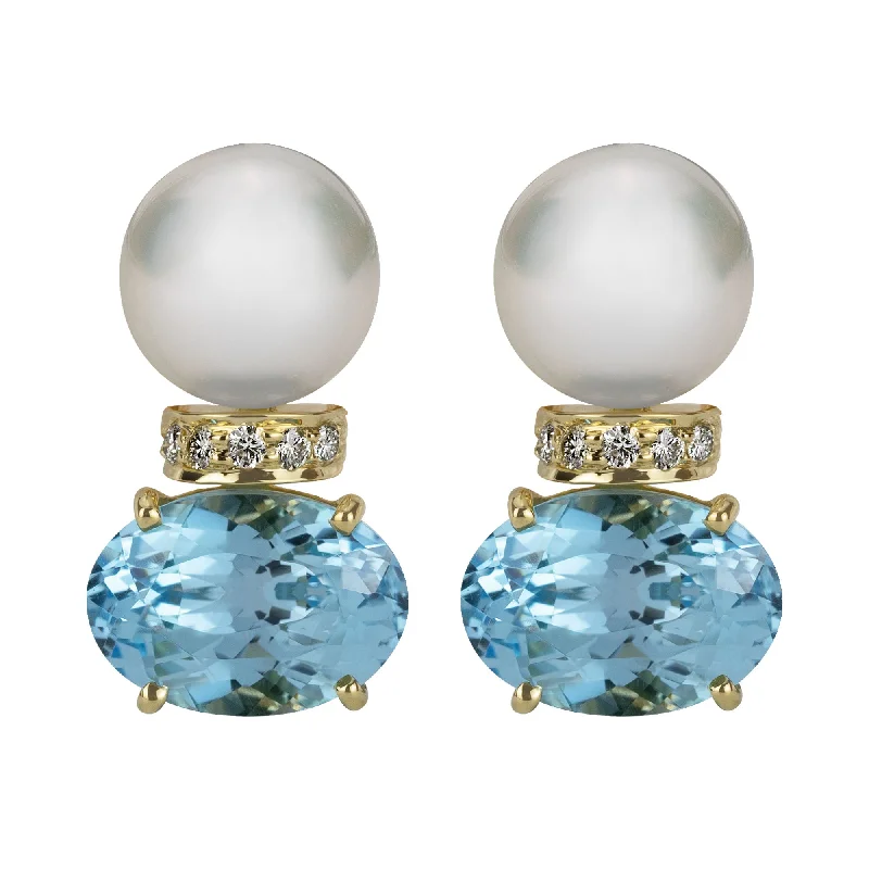 brass statement earrings -Earrings - South Sea Pearl, Blue Topaz And Diamond (2343B)