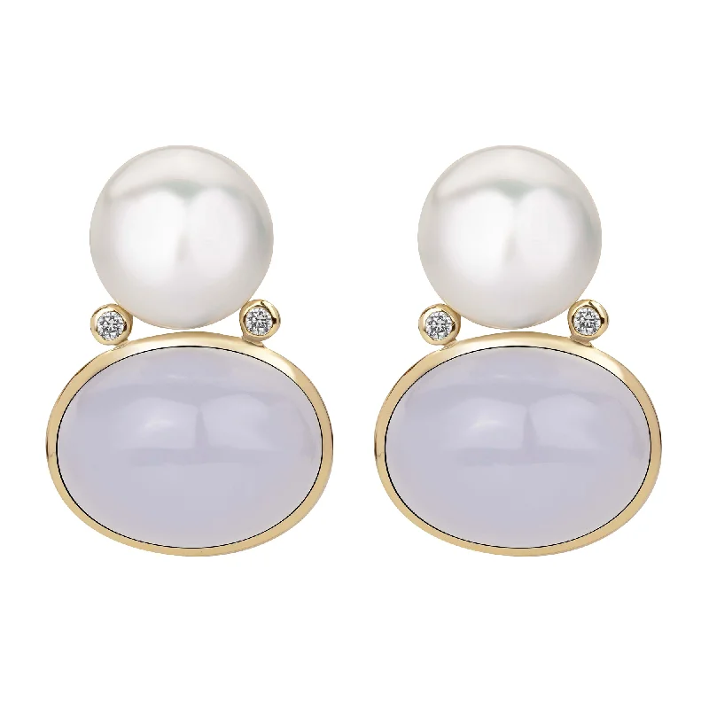 brass statement earrings -Earrings - South Sea Pearl, Chalcedony And Diamond (2386I)