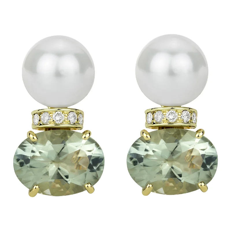 gemstone stud earrings -Earrings - South Sea Pearl, Green Quartz And Diamond (2310B)