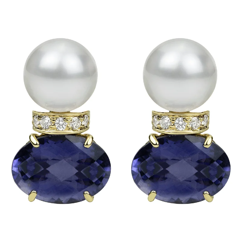 dainty pearl stud earrings -Earrings - South Sea Pearl, Iolite And Diamond