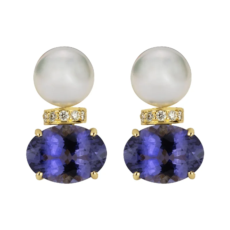 gold chain earrings -Earrings - South Sea Pearl, Iolite And Diamond (2345E)