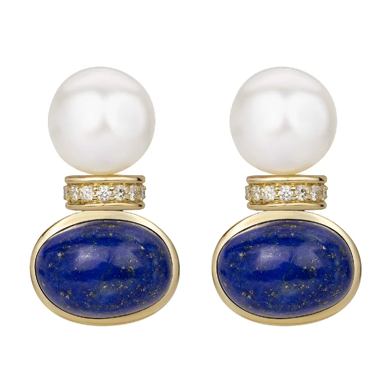 silver ear jackets -Earrings - South Sea Pearl, Lapis Lazuli And Diamond (2383G)