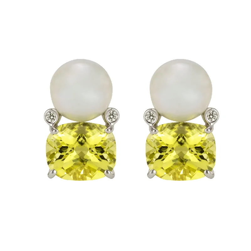 trendy ear climbers -Earrings - South Sea Pearl, Lemon Quartz And Diamond