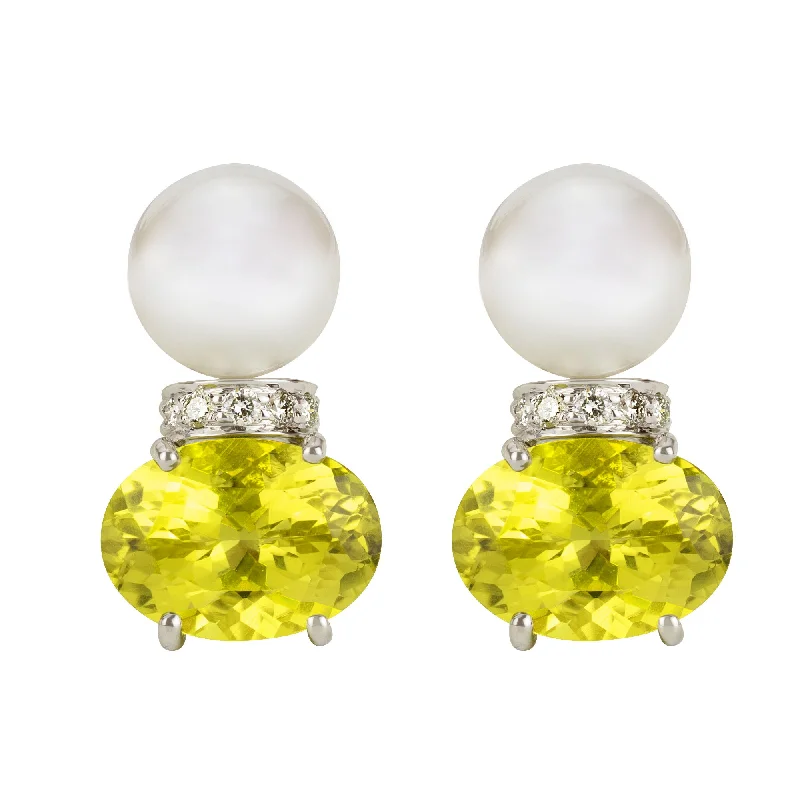 gold-plated stud earrings -Earrings - South Sea Pearl, Lemon Quartz And Diamond