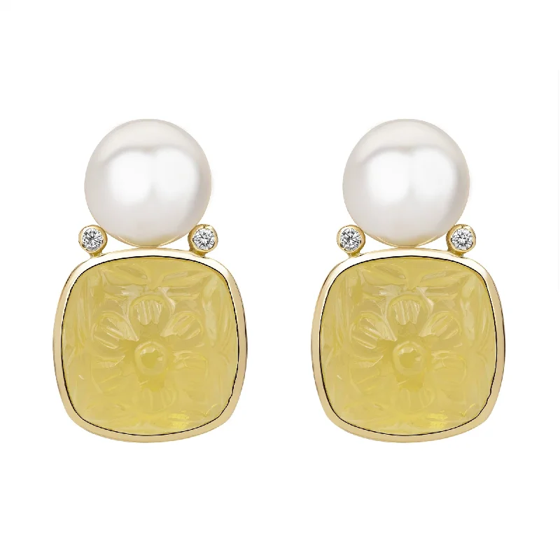 sleek silver threader earrings -Earrings - South Sea Pearl, Lemon Quartz And Diamond (2385D)