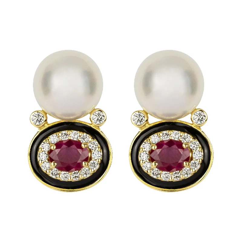 dangling gemstone earrings -Earrings - South Sea Pearl, Ruby And Diamond (enamel) (2352E)