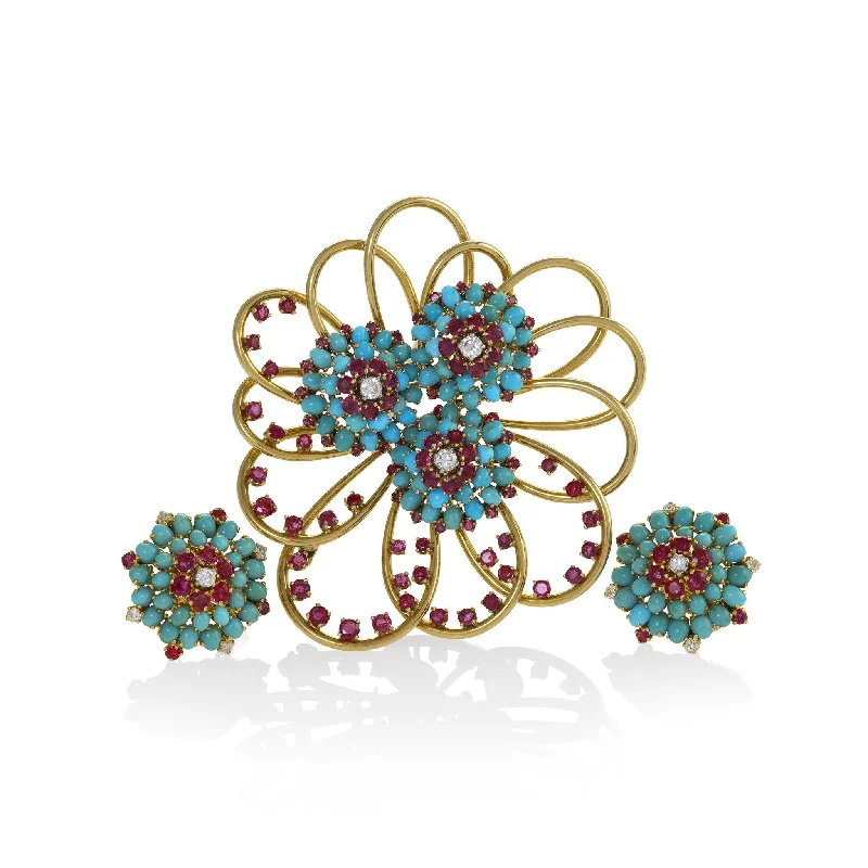 square stud earrings -John Rubel Pavé Turquoise and Ruby Brooch and Earrings Suite