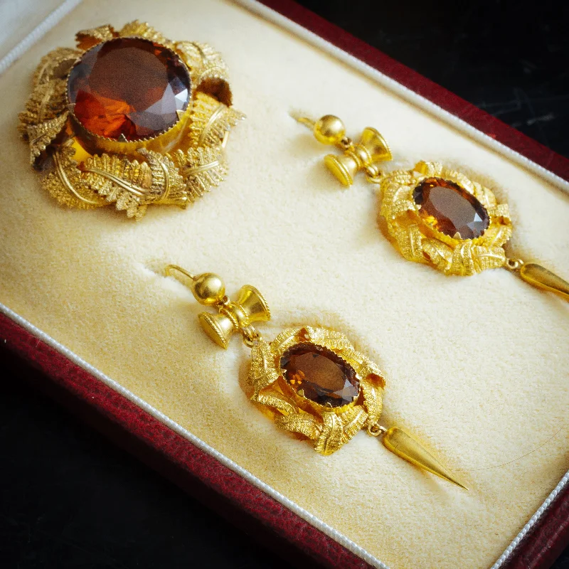 sterling silver hoop earrings -Pristine Victorian Gold Work Citrine Earrings & Brooch