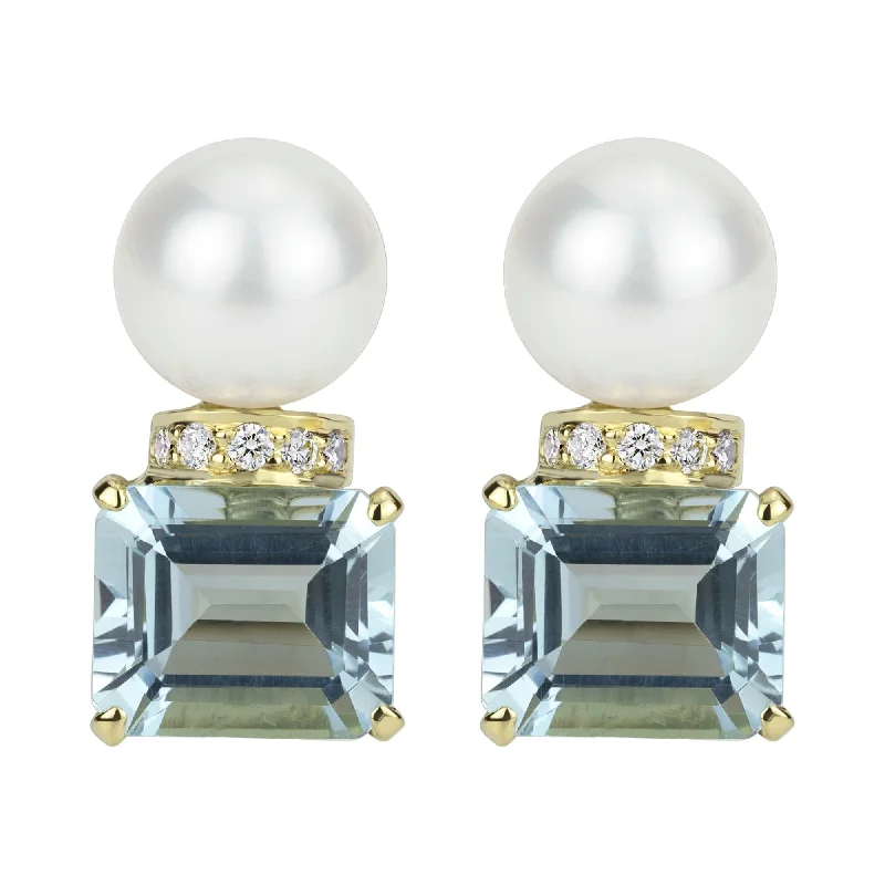 stacked gold bar earrings -Repair - Earrings - Pearl, Aquamarine and Diamond in 18K White Gold