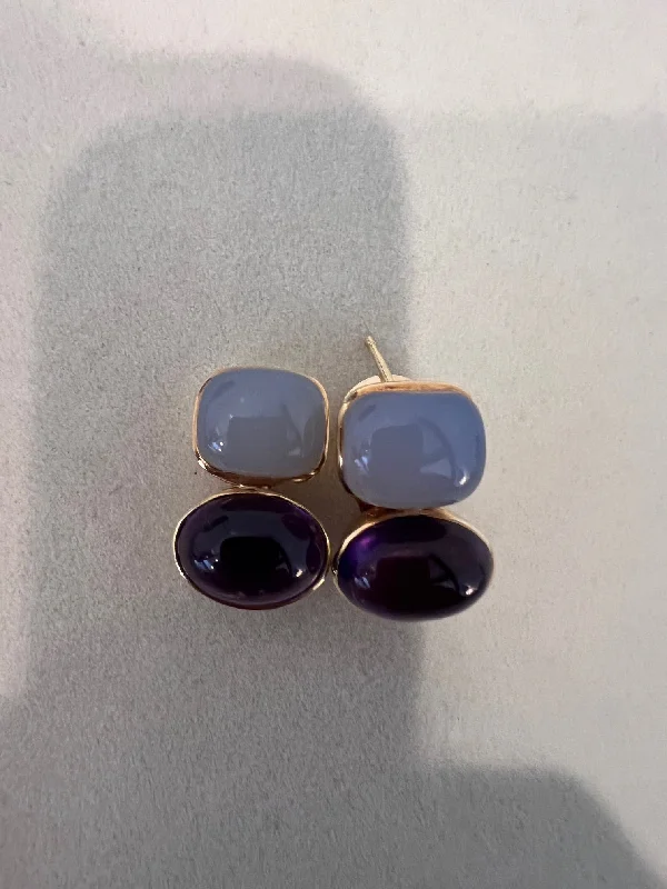 gemstone stud earrings -Repair - Earrings - Amethyst & Chalcedony in 18K Gold