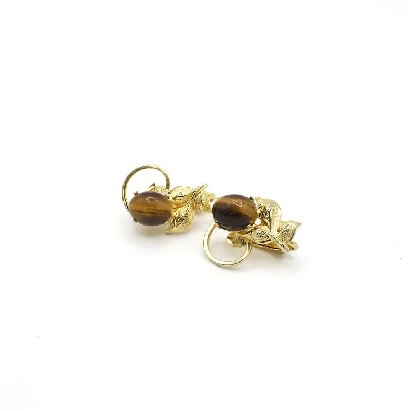 sleek silver threader earrings -Vintage 12K Gold Filled Genuine Tigers Eye Cabochon Clip On Earrings