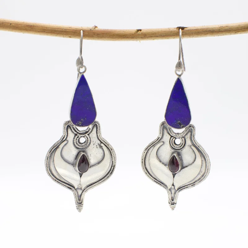 vintage inspired chandelier earrings -Vintage 925 Handmade Sterling Silver Dangle Genuine Lapis Lazuli and Garnet Earrings