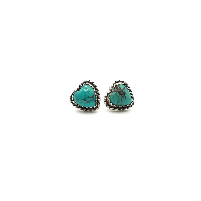 celestial star and moon earrings -Vintage Genuine Turquoise and Sterling Silver Heart Stud Earrings