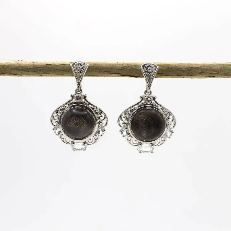 glittery hoop earrings -Vintage Simulated Black Feldspar and Genuine White Topaz Sterling Silver Earrings